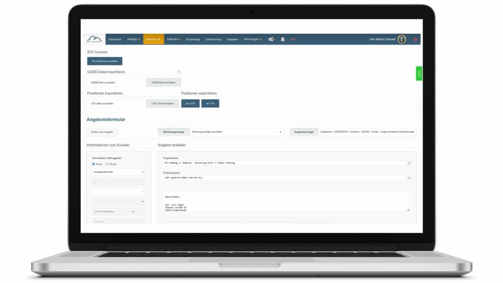 Angebot schreiben in der Cloudsoftware openHandwerk