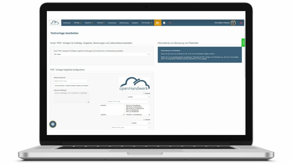 Textvorlagen bearbeiten in der Cloudsoftware openHandwerk