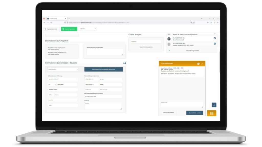 digitale Angebotsmappe openHandwerk Baustelle und Chatfunktion