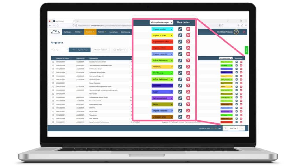 Angebotsverwaltung openHandwerk - Steuerung über den Status