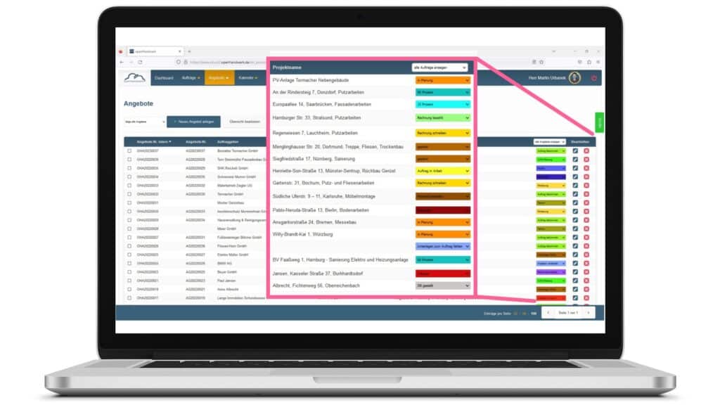 Auftragsverwaltung openHandwerk - Steuerung über den Status